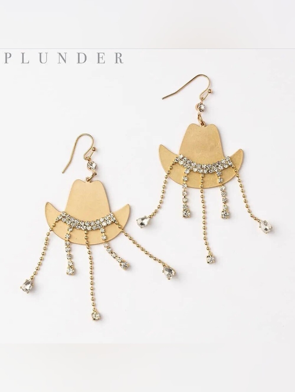 Plunder Gold Tone Cowboy Hat Dangle Earrings with Crystal Fringe